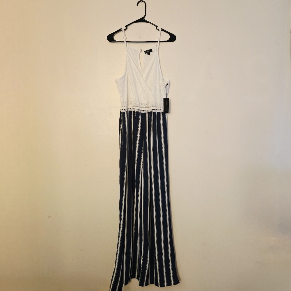 NWT Faded Rose Women's XL White and Navy Striped Jumpsuit